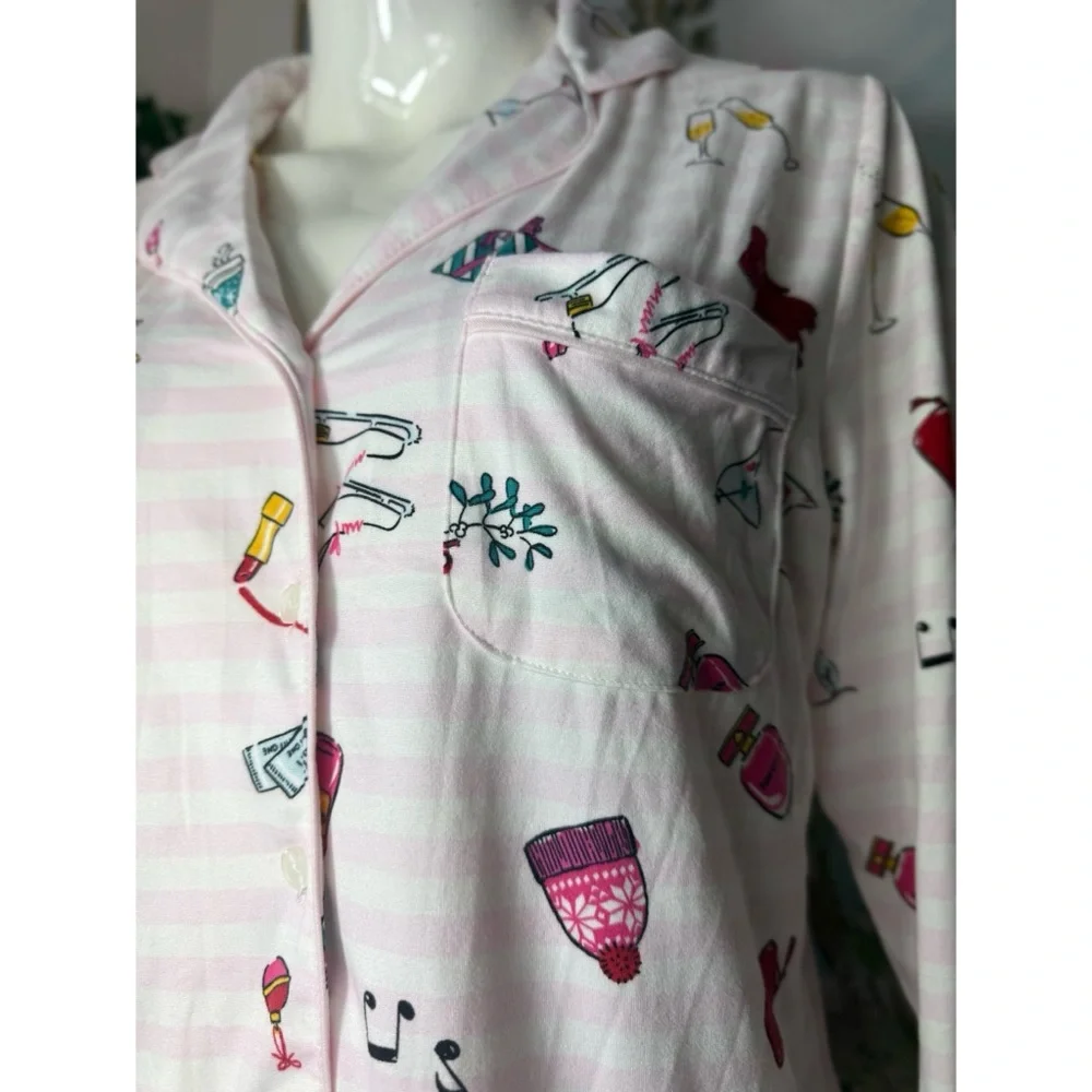 Kate Spade Holiday Cheer Pink White Stripe Button Front PJ Top Size Small